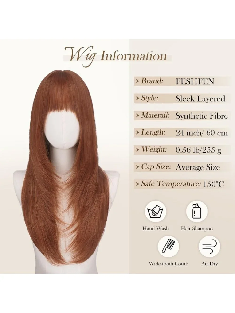Women's Copper Red 24 Inch Natural Synthetic Long Straight Sleek Layered Wigs